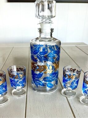 Luminarc Blue and Gold Leaf Glass Decanter Set